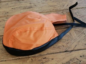 ORANGE COTTON TWILL BANDANA SKULL CAP WITH LEATHER TRIM AND STRAPS - Picture 1 of 1