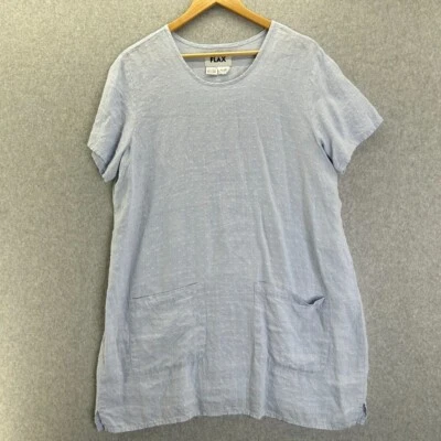 FLAX Dress Medium Mini Shortsleeve Linen Lagenlook Carolina Blue Dotted Pockets - Image 1 of 4