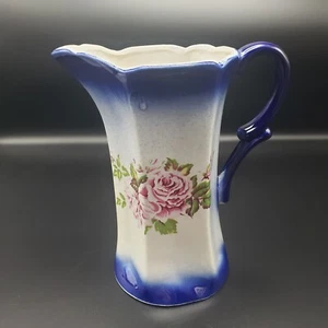 Flow Blue Vintage Pitcher 8" Hand-Painted Roses Cobalt Trim Scalloped Pottery - Picture 1 of 8