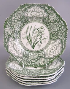 Late Spode Copeland of Garrett FLORAL 8.5" Plates x 6. Green. Antique VTG c1830 - Picture 1 of 7