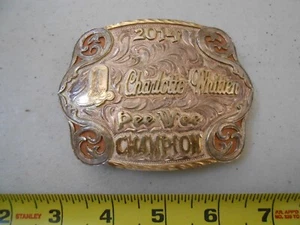 RARE NAMED  2014 COWGIRL RODEO PEE WEE CHAMPION BELT BUCKLE TRES RIOS SILVER - Picture 1 of 4