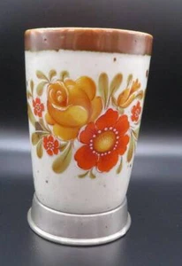 Vtg Brown Speckled FLORAL Pottery 4.75" VASE Cup Euro Pewter Base Zinn Retro - Picture 1 of 6