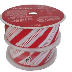 150+ ft Wire Edged Ribbon 2" Wide Red White Stripe Glitter Christmas 2 Roll Lot - Picture 1 of 9