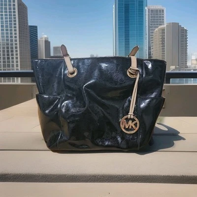 MICHAEL KORS JET SET LOGO TOTE BLACK SHINY BEIGE & GOLD   SHOULDER BAG E6 - Image 1 of 4