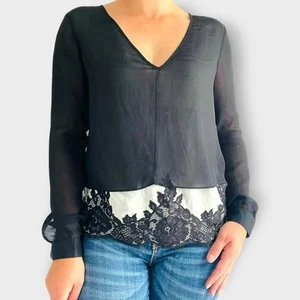 Robert Rodriguez Bluse 100 % Seide Bauernoberteil V-Ausschnitt Langarm schwarz Größe 6 - Bild 1 von 10
