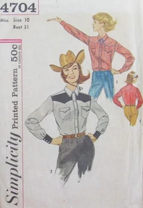 VTG 50s Simplicity 4704 Misses 10 B31 RETRO WESTERN Rockabilly Shirt Pattern - Picture 1 of 2