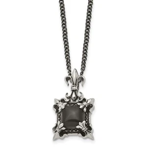 Stainless Steel Antiqued & Polished w/Black Agate Fleur de lis Necklace - Picture 1 of 5