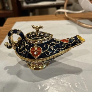 GENIE LAMP TRINKET BOX / Black With Hearts / Enamel / hinged / magnetic / 5” - Picture 1 of 6