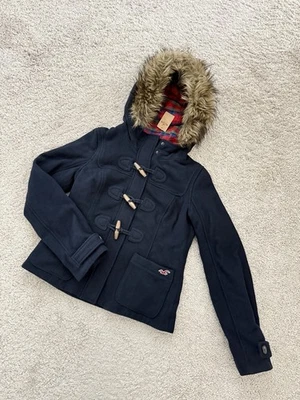 NUEVO CON ETIQUETAS Y2K Hollister Mujer’s Chaqueta Abrigo de Lana con Capucha Azul Marino Talla M Foto 1 de 4