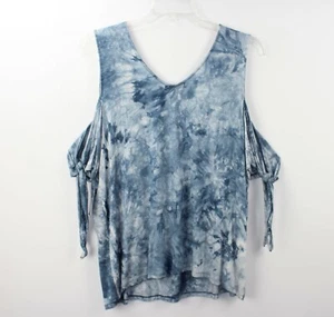 Moral Fiber Sz 3X Blue/White Cold Shoulder Short T-Shirt Tie Sleeves V Neck - Picture 1 of 6