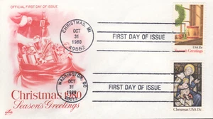 1980 FDC - Scott# 1842-43 COMBO -Christmas Issue - Art Craft (red) - Picture 1 of 1