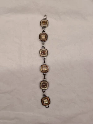 Vtg Lia Sophia Yellow Brown Enamel Bracelet Silvertone Metal MCM Retro Geometric - Image 1 of 4