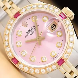 ROLEX LADIES DATE PINK DIAL DIAMOND RUBY 14K YELLOW GOLD STEEL 2-TONE WATCH - Picture 1 of 8