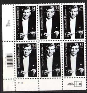 US Stamps: 2001 MNH Pl# Blk of 6 of the 34c Leonard Bernstein stamp, #3521 - Picture 1 of 1