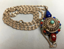 Antique Tibetan Snuff Box Pendant w/Chain Sterling Silver 925 Coral,Lapis Lazuli