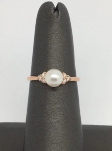 14K Solid Rose Gold Natural Diamond and Pearl Ring - Picture 1 of 7