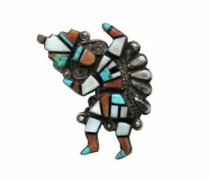 Zuni Handmade Pin, Rainbow Man, Coral, Shell, Jet Turquoise, Circa 1940s, 2.5