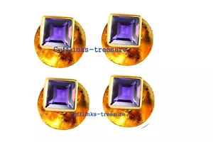 Natural Amethyst Gemstones 925 Sterling Silver Gold Plated Tuxedo Buttons set #8 - Picture 1 of 6