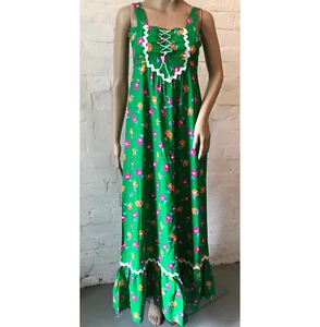 1970s Green Maxi dress 8/10 Lace up front Frilled hem 54" Long Vintage Summer - Picture 1 of 6