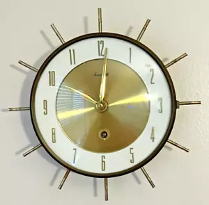 Forestville MCM Starburst Sunburst Glass Wall Clock 8" w/ Key Germany Golden Age - Picture 1 of 11