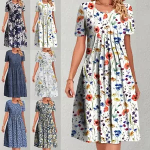 Womens Floral Short Sleeve Midi Dress Ladies Casual Summer Pleated Holiday Dress - Picture 1 of 16