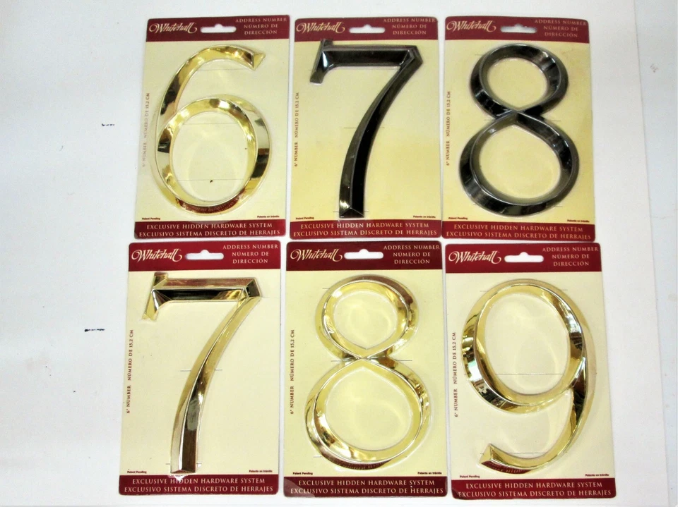 Números de casa de níquel o latón pulido de 6" #6, 8 y 9 dirección Whitehall NUEVO Foto 1 de 1