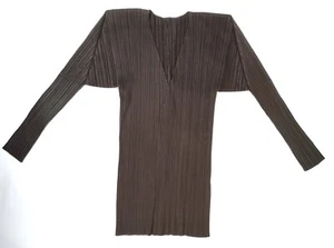 Issey Miyake Pleated Jacket Small Collarless Lightweight Open Front Brown V Neck - Picture 1 of 8