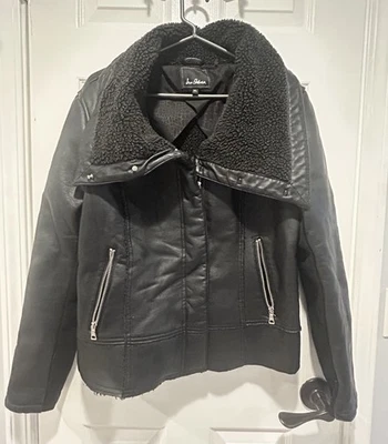 Casaco aviador Sam Edelman tamanho XL preto couro sintético lã sherpa forrado - Imagem 1 de 4