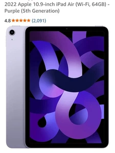 2022 Apple 10.9-inch iPad Air (Wi-Fi, 64GB) - Purple (5th Gen) 256GB, Ram 8GB - Picture 1 of 5