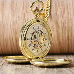 Men's Gold Smooth Double Hunter Mechanical Wind Up Pocket Watch Luxury Gifts - Foto 1 di 10