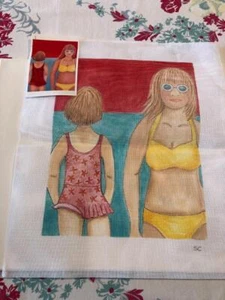 GIRLS IN BATHING SUITS HANDPAINTED NEEDLEPOINT CANVAS by SC 11" x 14" - Picture 1 of 4