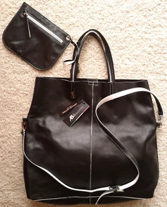 Asia Bellucci NUEVO Bolso de Mano Fino Italiano de Cuero de Becerro Cartera Negro Blanco Italia - Imagen 1 de 8