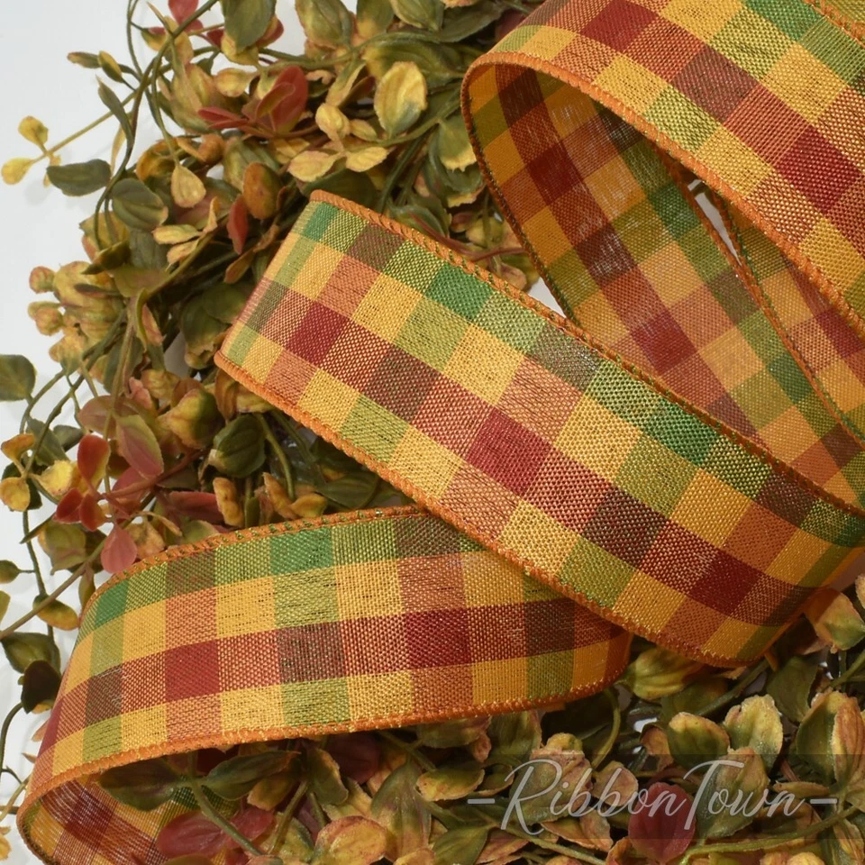 5 yardas otoño otoño cosecha dorado amarillo verde rojo guinga cinta a cuadros con cable 1 Foto 1 de 1