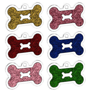 BONE GLITTER DOG TAG PERSONALISED PET ID NAME IDENTITY TAGS - Free Engraving
