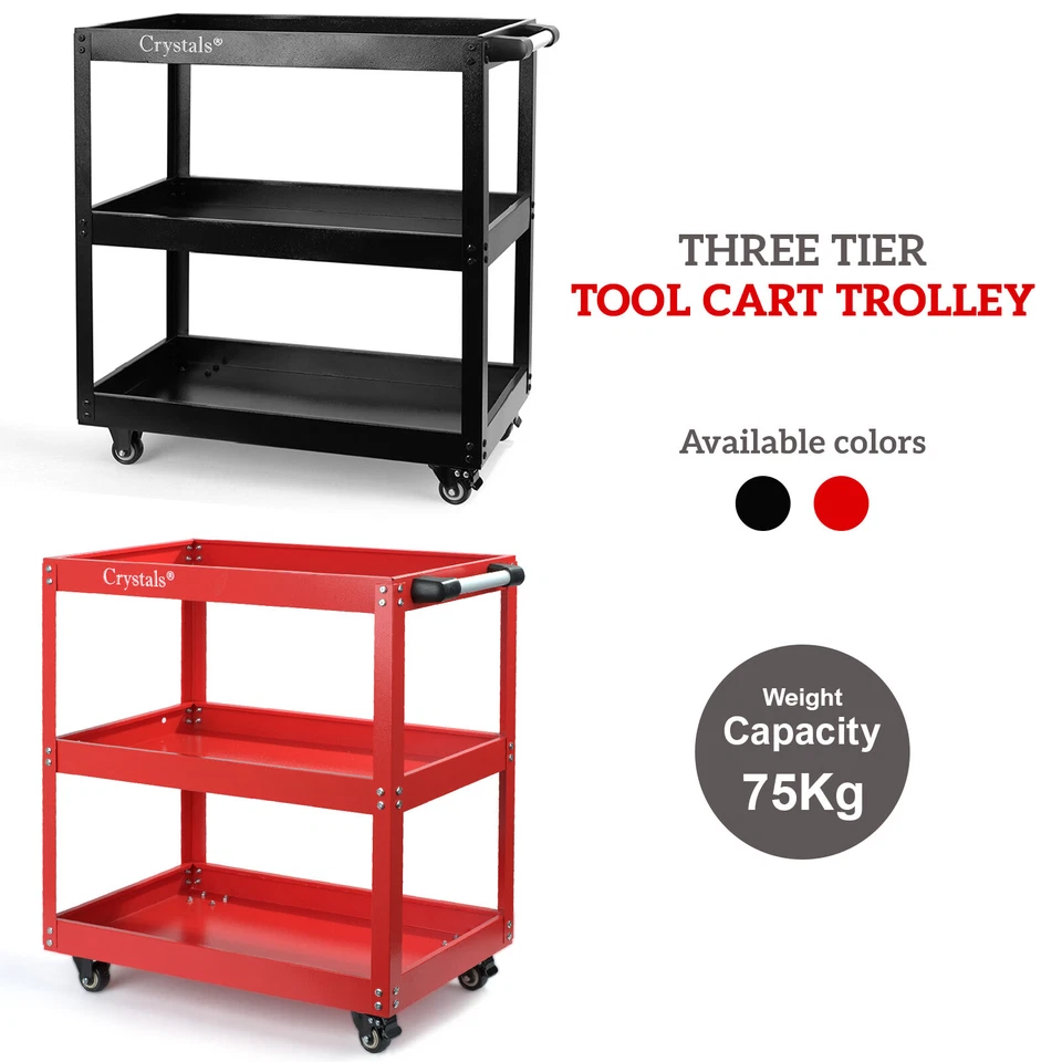CRYSTALS Tool Storage Heavy Duty Garage Trolley Workshop 3 Tier Wheel Cart DIY Red/Black