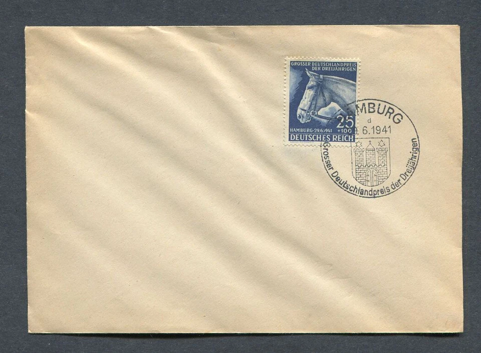 Reich alemán Segunda Guerra Mundial: sello de carrera de caballos de 1941 en portada - elegante cancelar Hamburgo Foto 1 de 1