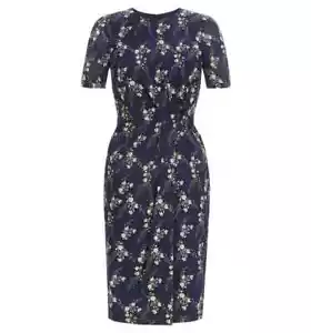 Vestido para mujer Hobbs Delilah estampado floral azul marino plisado mangas cortas ~ UK 10 US 6 - Imagen 1 de 12