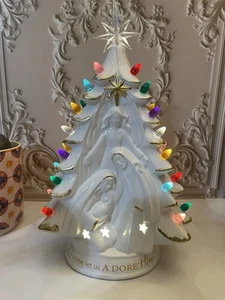 Ceramic Christmas Tree Nativity 14 Inch Tabletop Christmas Tree Vintage Chris... - Picture 1 of 3