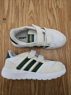 Adidas Niños Blanco y Verde Oscuro Zapatillas con Rayas Amarillas Talla 1 Foto 1 de 4