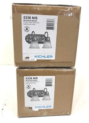 LOTE DE 2 Kichler 5336NIS 12 pulgadas Tocador de níquel cepillado de 2 luces de vidrio esmerilado ligero Foto 1 de 2