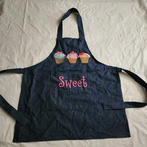 Children's Kids Denim Apron Sweet Cupcakes Embroidered Kitchen Baking Blue Jean - Picture 1 of 7