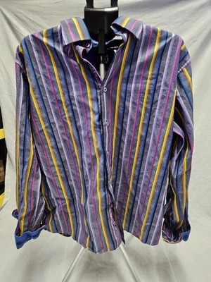 Luchiano Visconti 衬衫男式特大号条纹纽扣佩斯利翻盖袖口 — 第 1/4 张图片