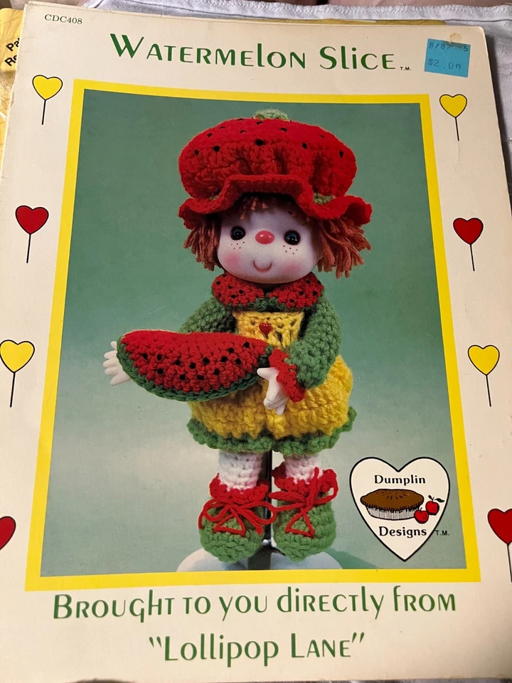 VINTAGE CROCHET DOLL PATTERN-WATERMELON SLICE-LOLLIPOP LANE-CDC408-DUMPLIN' DESI - Image 1 of 1