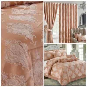 Luxury Rose Gold Bedspread Set Damask Jacquard Cushions Curtains All size Quilt - Picture 1 of 4