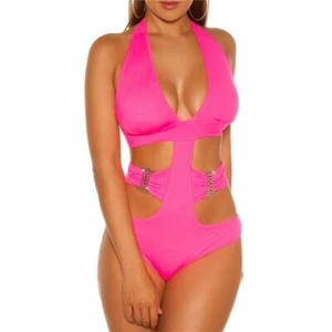 Sexy Ladies Halter Neck Monokini Beachwear Neon Pink #BI717 - Picture 1 of 28