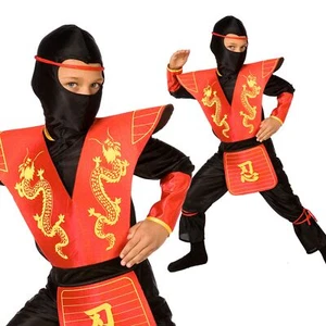 Boys Ninja Costume Kids Red Dragon Samurai Warrior Halloween Fancy Dress - Picture 1 of 4