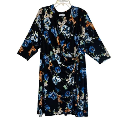 Vestido midi de mujer Calvin Klein 18-20 negro estampado floral cuello drapeado talla grande Foto 1 de 4