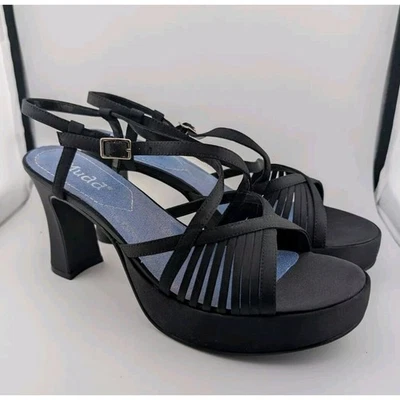 Tacones de plataforma Rita vintage Mudd talla 10 negros con tiras satinadas años 90 nuevos en caja Foto 1 de 4