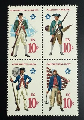 1975 10c MILITARY UNIFORMS MINT NEVER HINGED BLOCK OF 4 SCOTT # 1565-68 - Image 1 of 3