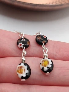 Millefiori Glass Bead Earrings On Sterling Silver Ear Hooks - Picture 1 of 9
